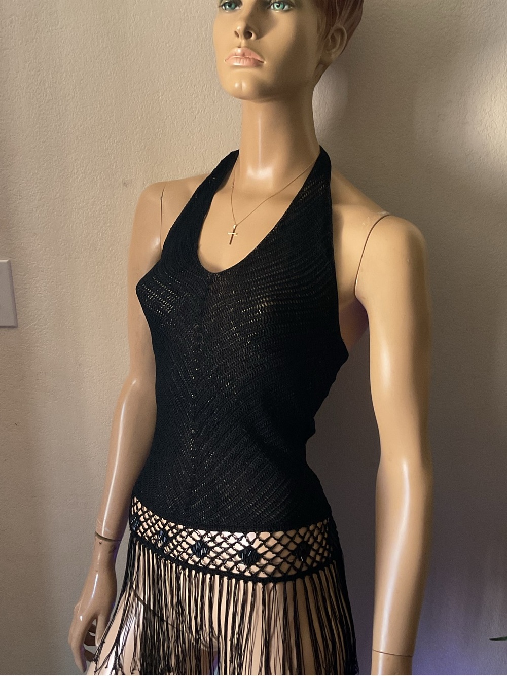 VTG Y2K MNG BLACK CROCHET HALTER BEADED FRINGE TOP - Picture 4 of 6